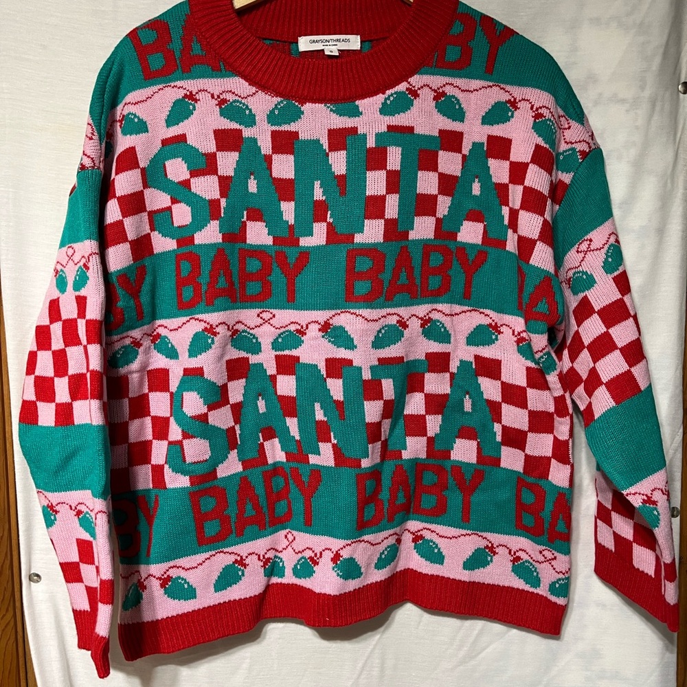 Grayson Threads Red and Green Crewneck Sweater Geometric Design Santa baby